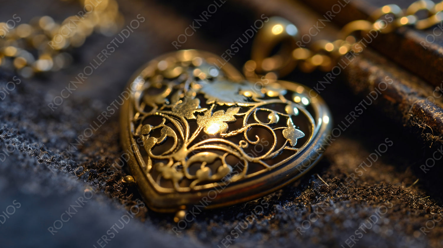 Vintage Gold Filigree Heart Pendant on a Moody Background