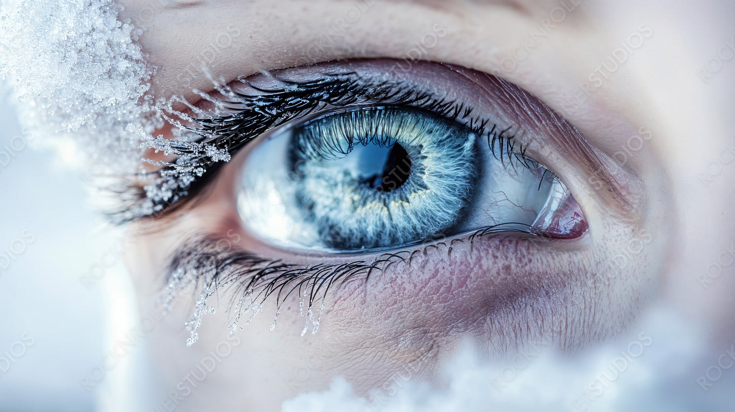 Close-up of a Frozen Blue Eye Surrounded by Icy Snowflakes and Frost