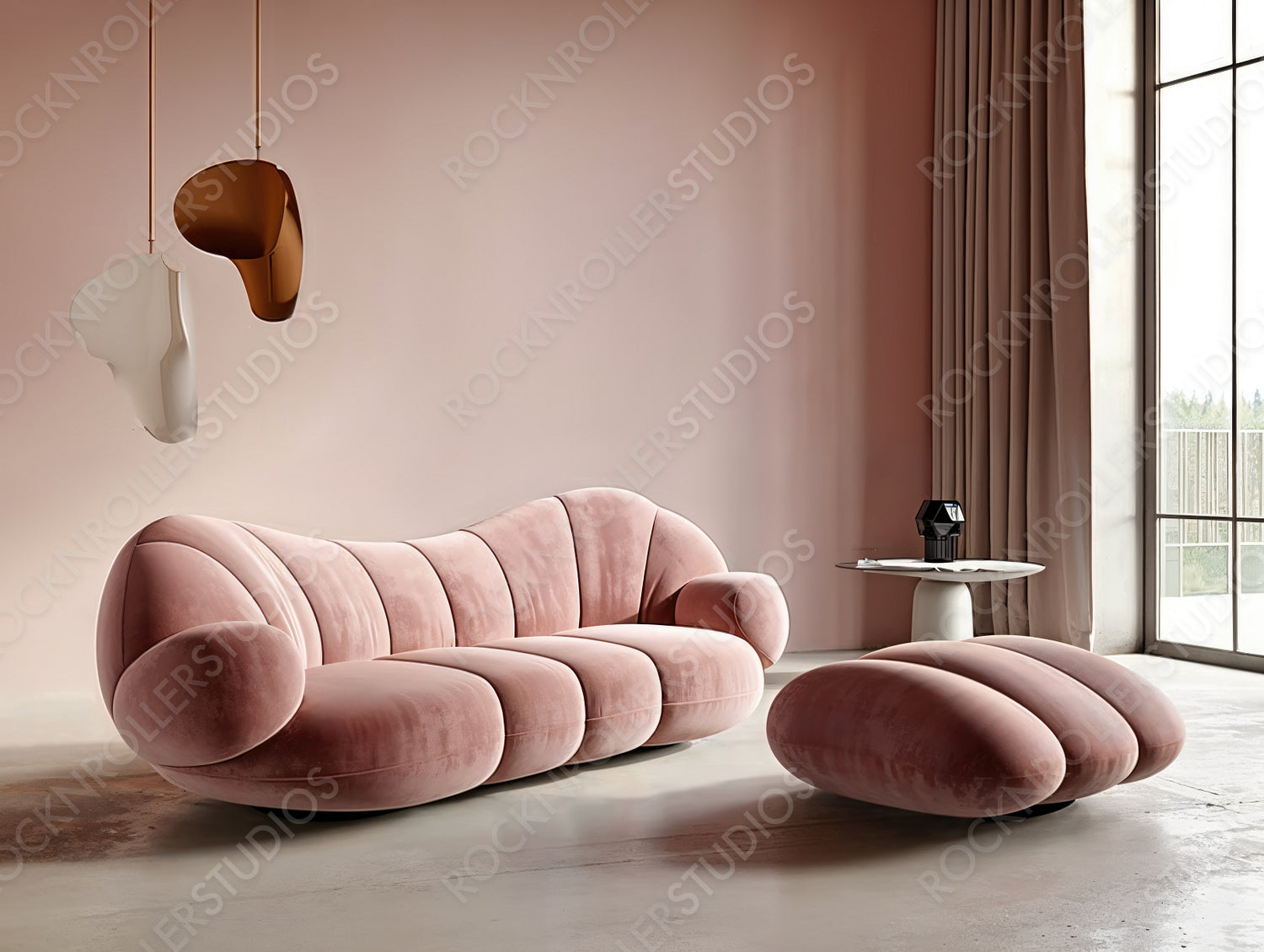 Chic Pink Velvet Living Room: Elegant Modern Design with Stylish Pendant Lights