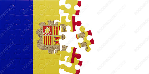 Partial Puzzle Perfection: Andorra's Flag with National Emblem in Jigsaw Form