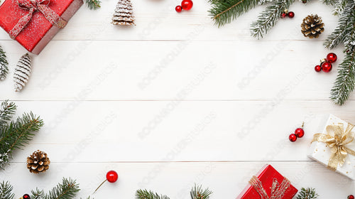 Holiday Gift Boxes, Pine Cones, and Fir Branches on White Wood Table for Christmas