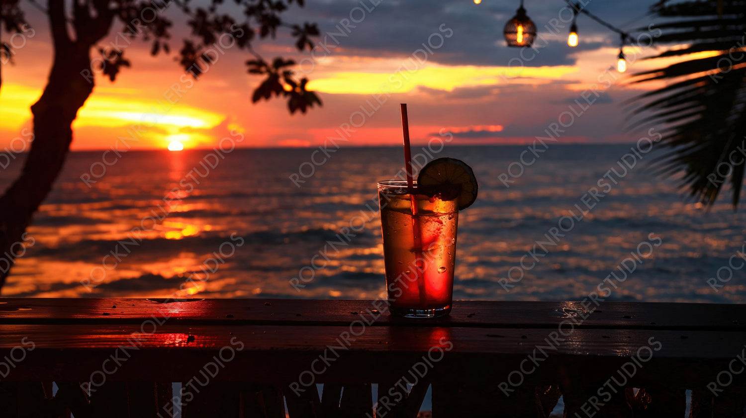 Refreshing Tropical Drink at Sunset - Coastal View, Relaxing Evening, Refreshing Beverage