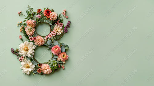 Number 8 in a Green Floral Design. Beautiful Botanical Wallpaper with Flowers and copy-space, to Celebrate International Woman's Day.