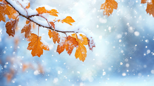 Snow-Dusted Orange Leaves on a Frosty Branch, Embracing the Beauty of Winter