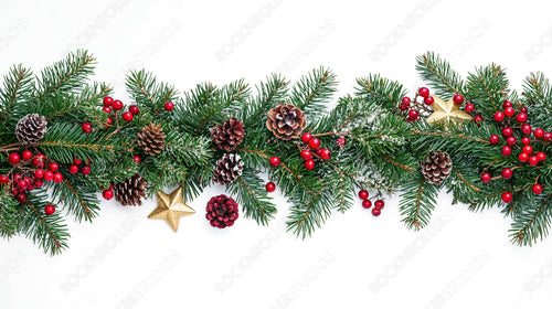 Christmas Garland with Pine Cones, Golden Stars, and Red Ornaments