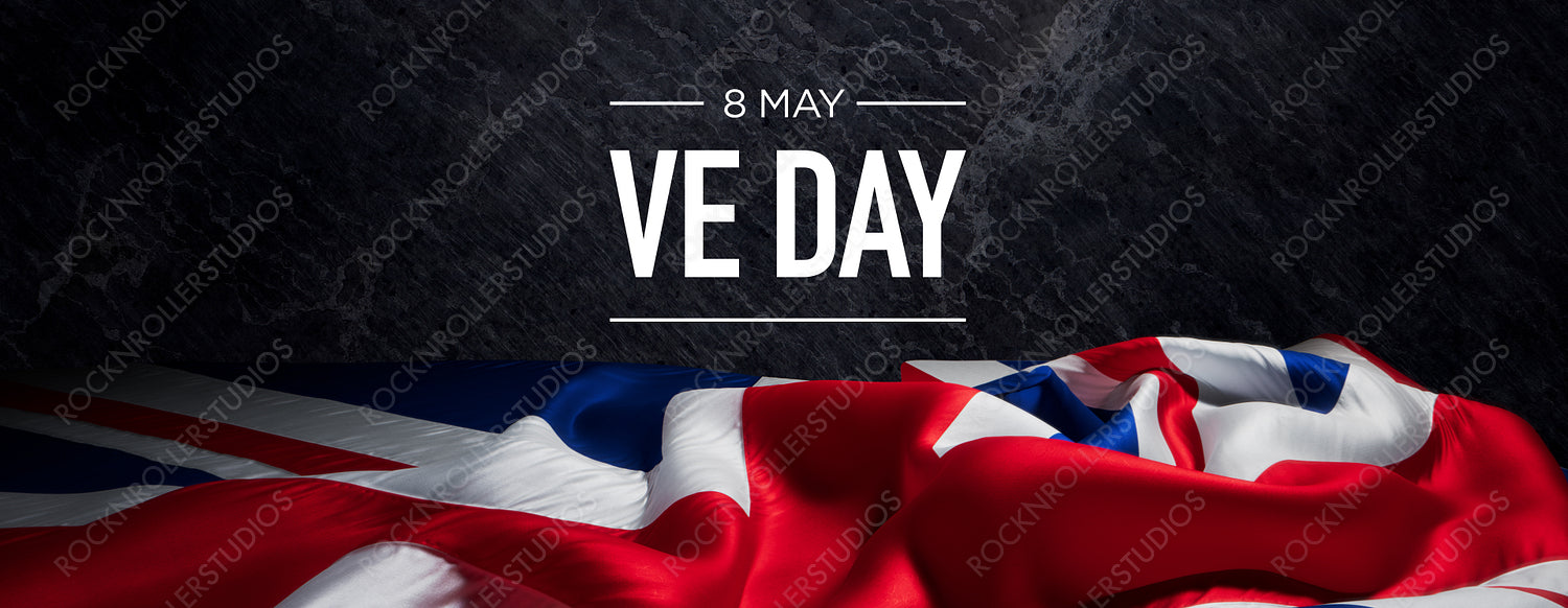 VE Day Commemoration: Union Jack Flag on Rugged Background for May 8, Celebrating WWII Victory