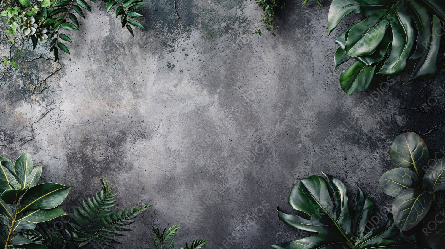 Elegant Green Leaves on Textured Grey Concrete Wall
