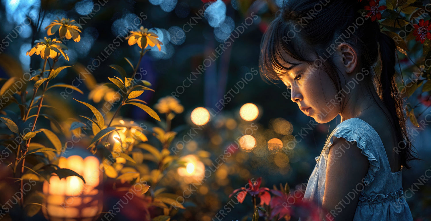 Young girl illuminated by warm candlelight surrounded by flowers at night
