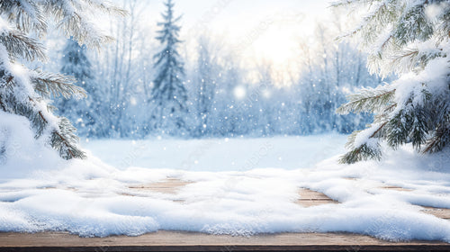 Wooden Deck Covered in Snow with Beautiful Snowy Pine Trees in the Distance