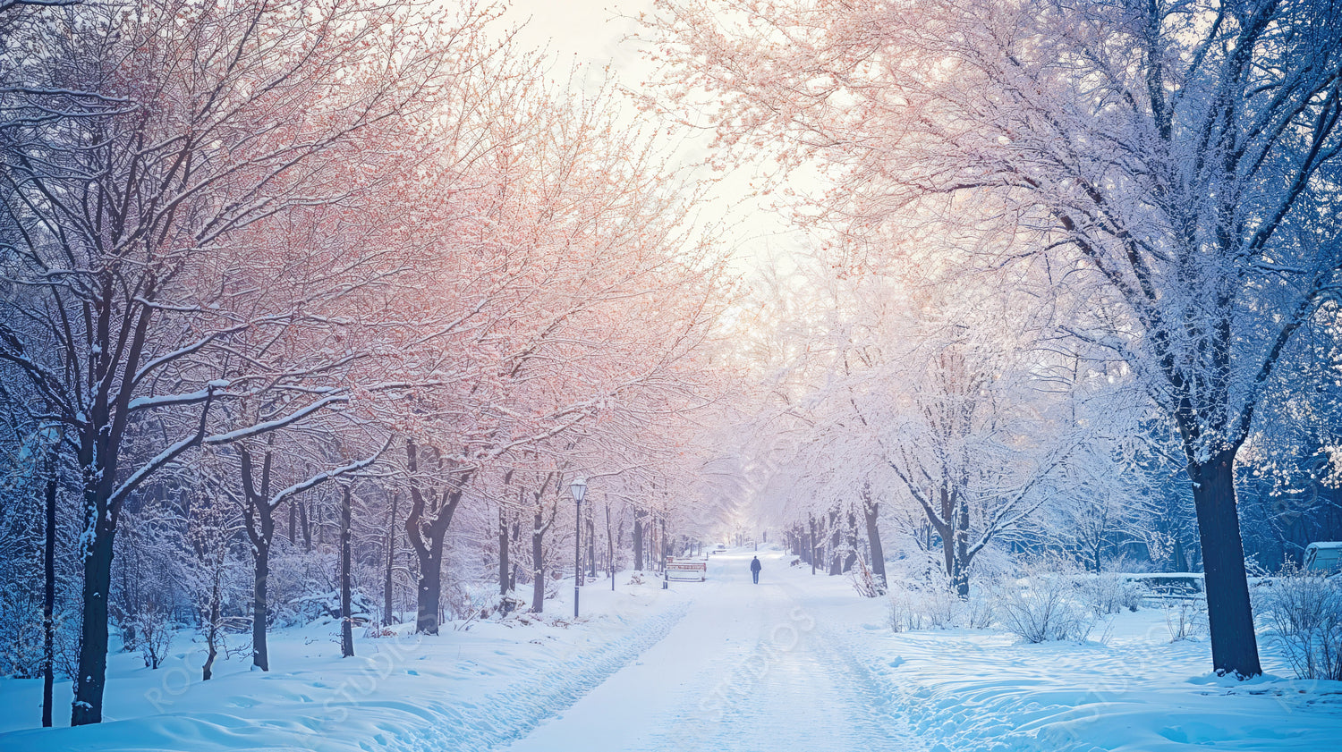 Serene Winter Wonderland Walk Through a Snowy Park with Snow-Covered Trees