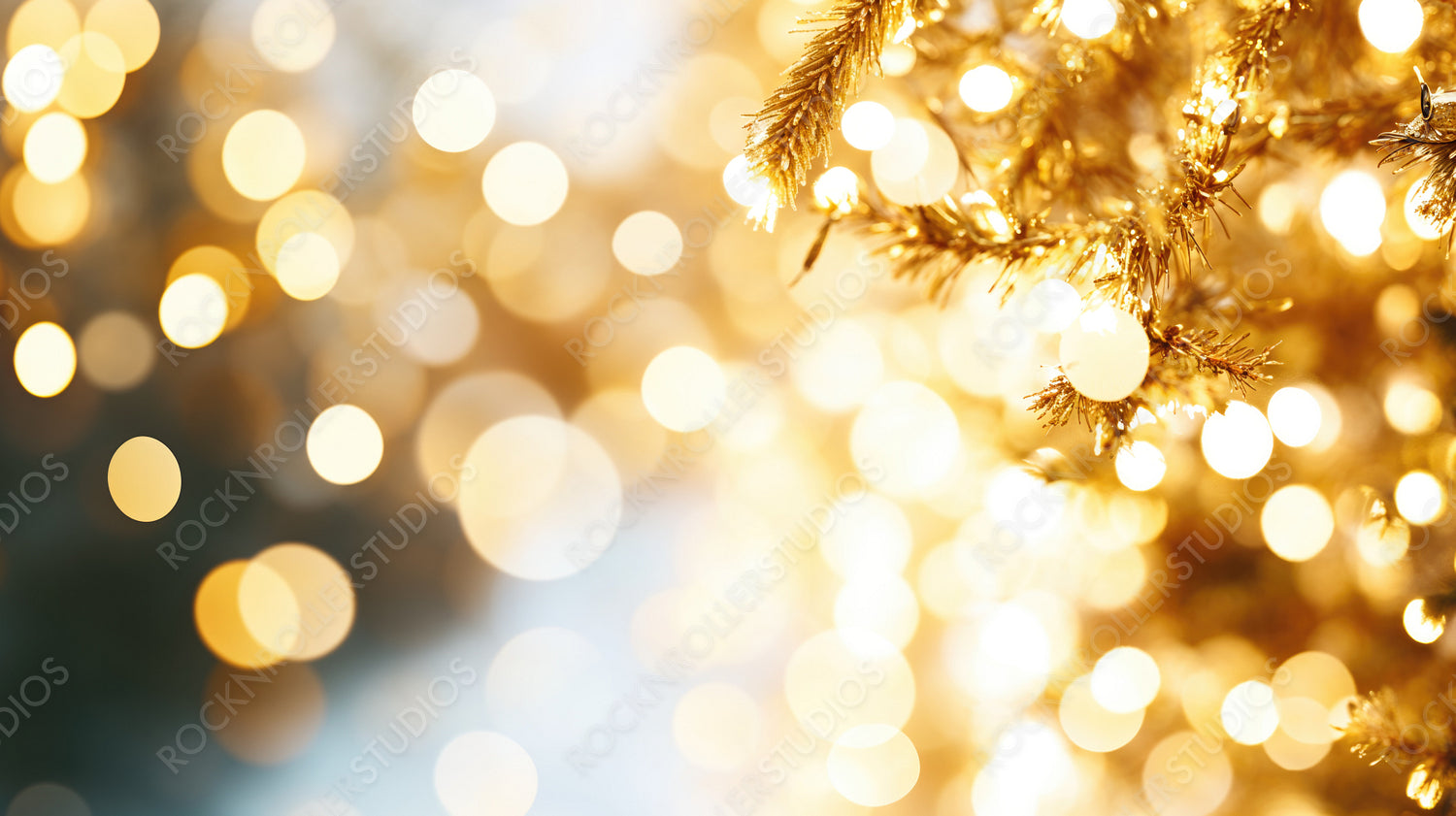 Golden Christmas Lights Shimmering Through Fir Branches, Creating a Warm Festive Glow