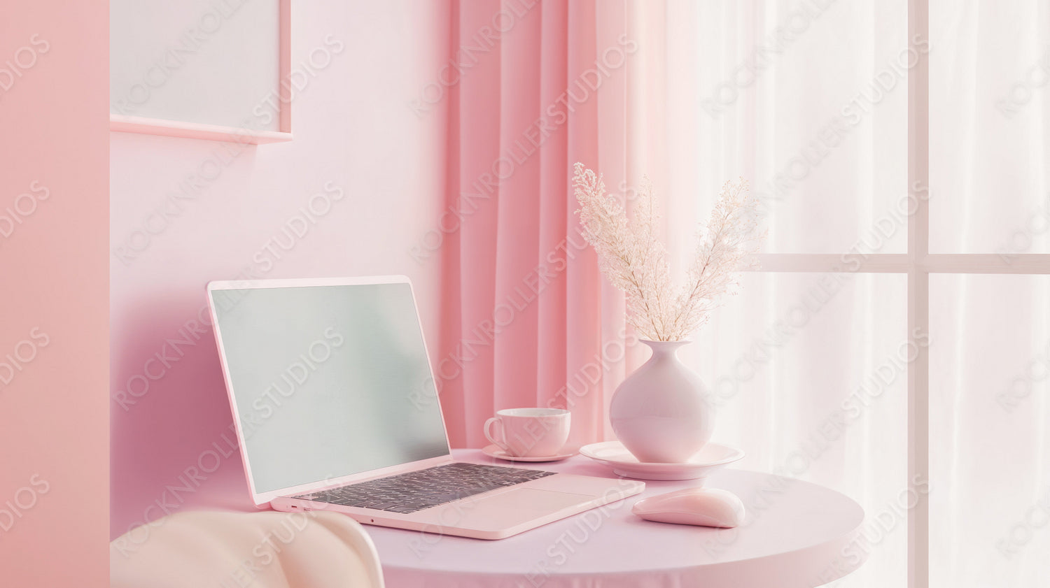 Chic Feminine Home Office: Minimalist Pink Workspace with Laptop and Stylish Decor