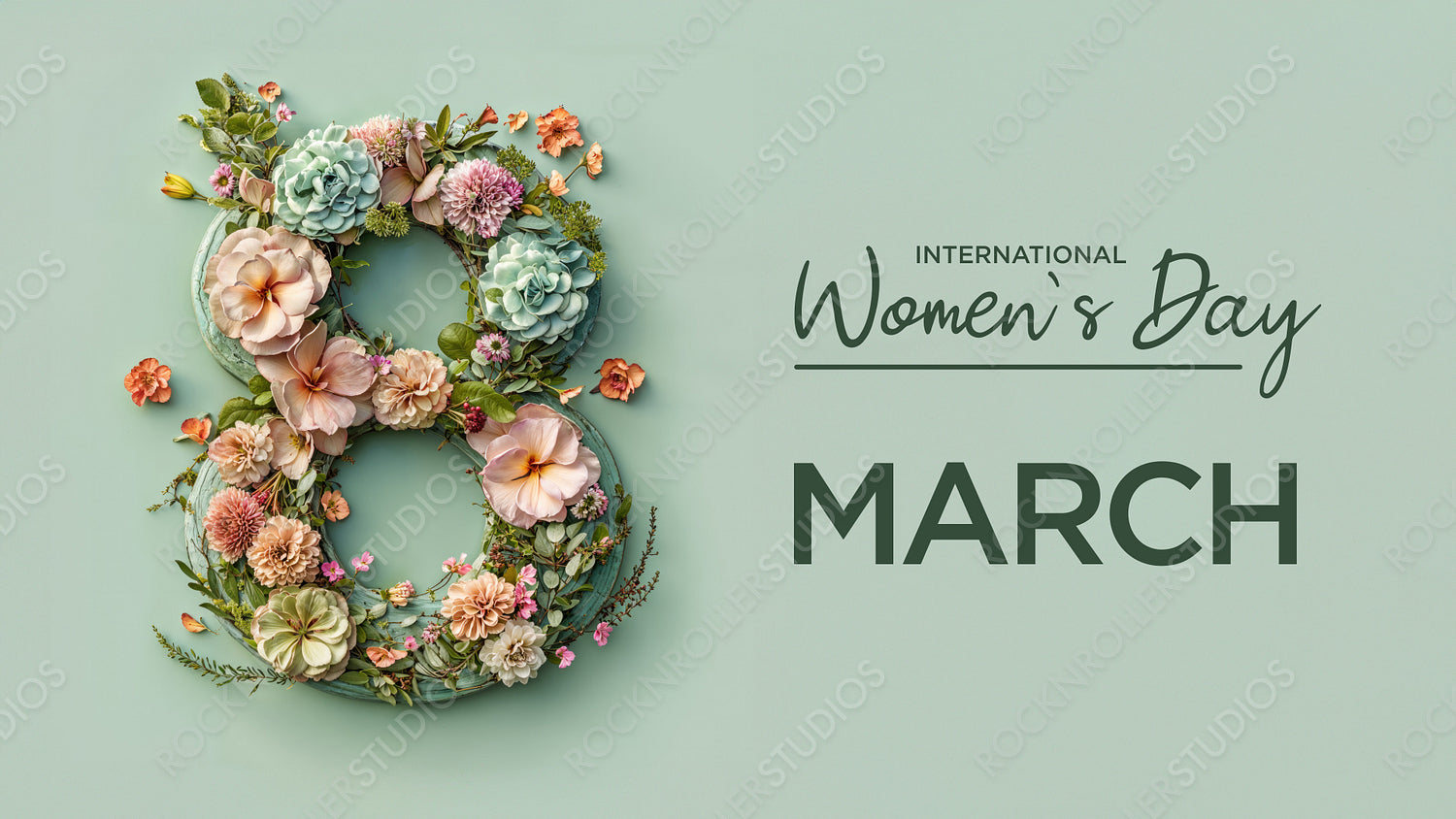 Number 8 in a Green Floral Design. Lovely Botanical Wallpaper with Flowers and Caption, to Celebrate International Woman's Day.