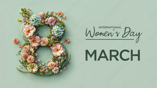 Number 8 in a Green Floral Design. Lovely Botanical Wallpaper with Flowers and Caption, to Celebrate International Woman's Day.