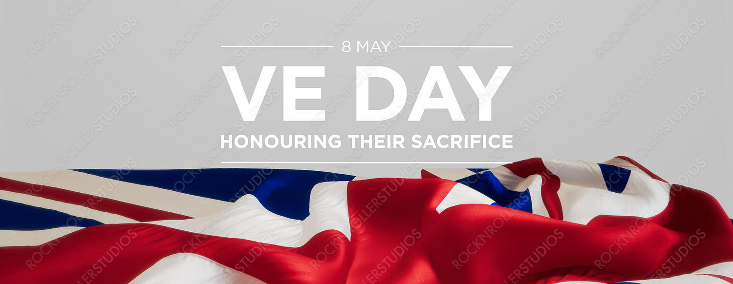 VE Day Tribute: Union Jack Flag with 'Honouring Their Sacrifice' Text for WWII Remembrance