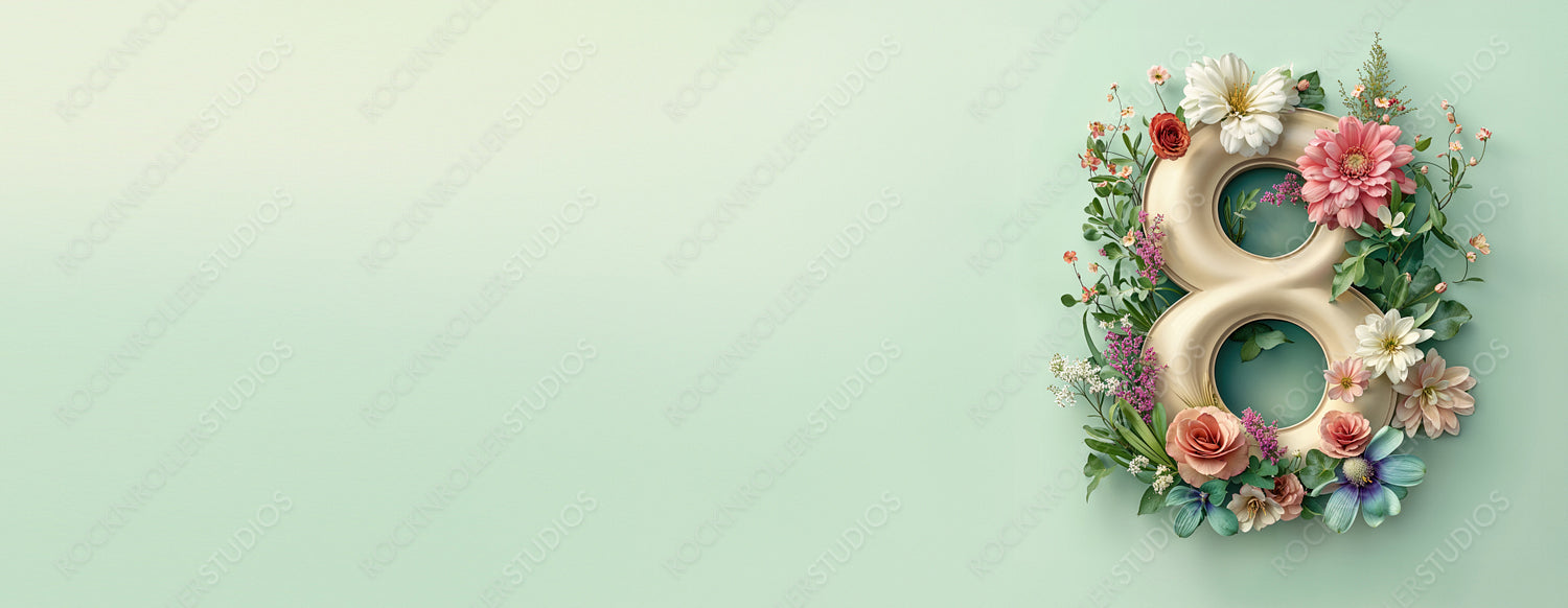 Premium Botanical Banner to Celebrate International Woman's Day. Green Floral Design with Number 8, Flowers and Caption.
