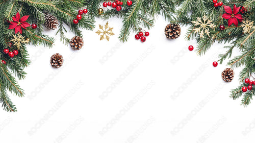 Festive Christmas Pine Cones and Ornaments with Golden Stars and Red Berries