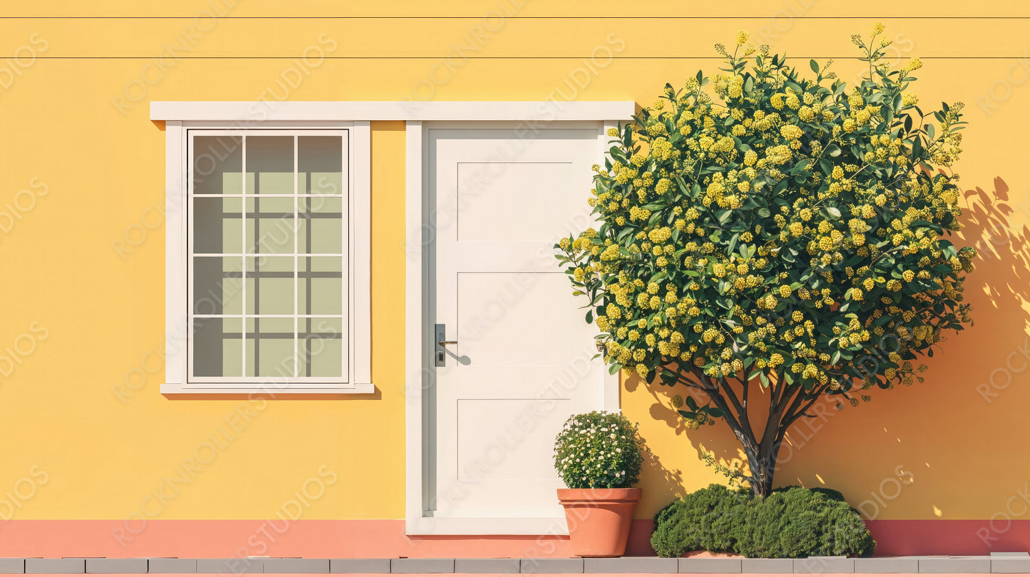 Sunny Front Yard with White Door and Blooming Shrub