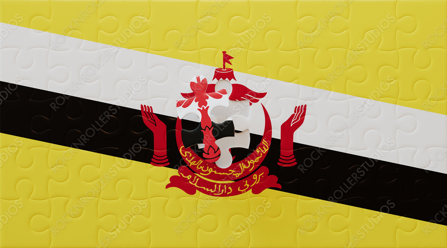 Completing Brunei: Vibrant Jigsaw Puzzle of National Flag with Emblematic Crest and Arabic Inscriptions