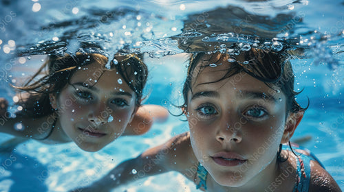 Serene Summer Bliss: Young Girls Enjoying a Sunlit Swim Under Clear Blue Skies