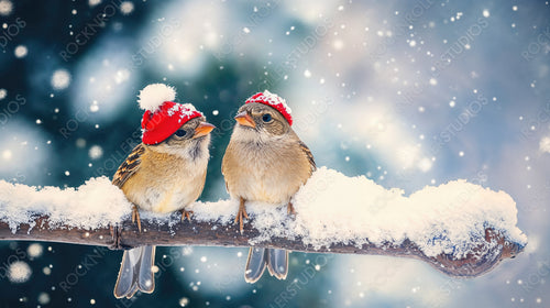 Adorable Birds Perched on a Snowy Branch with Red Ornaments and a Holiday Vibe