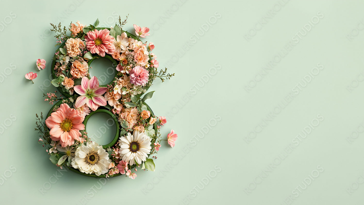 Green Floral Background to Celebrate International Woman's Day. Beautiful Botanical Design with Number 8, Flowers and copy-space.