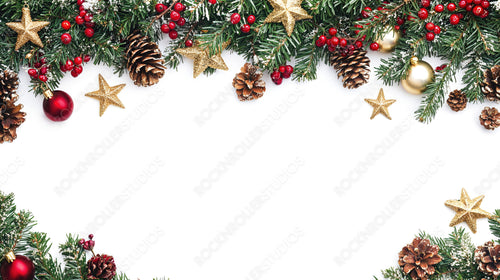 Festive Christmas Pine Cones and Ornaments with Golden Stars and Red Berries