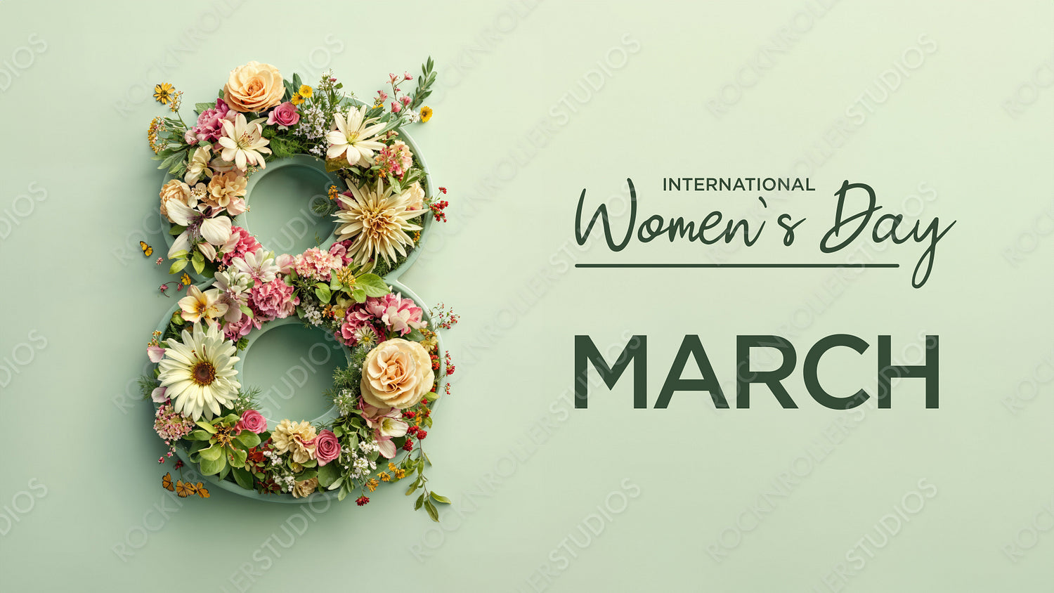 Number 8 in a Green Floral Design. Lovely Botanical Background with Flowers and Caption, to Celebrate International Woman's Day.