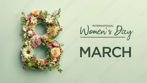 Number 8 in a Green Floral Design. Lovely Botanical Background with Flowers and Caption, to Celebrate International Woman's Day.