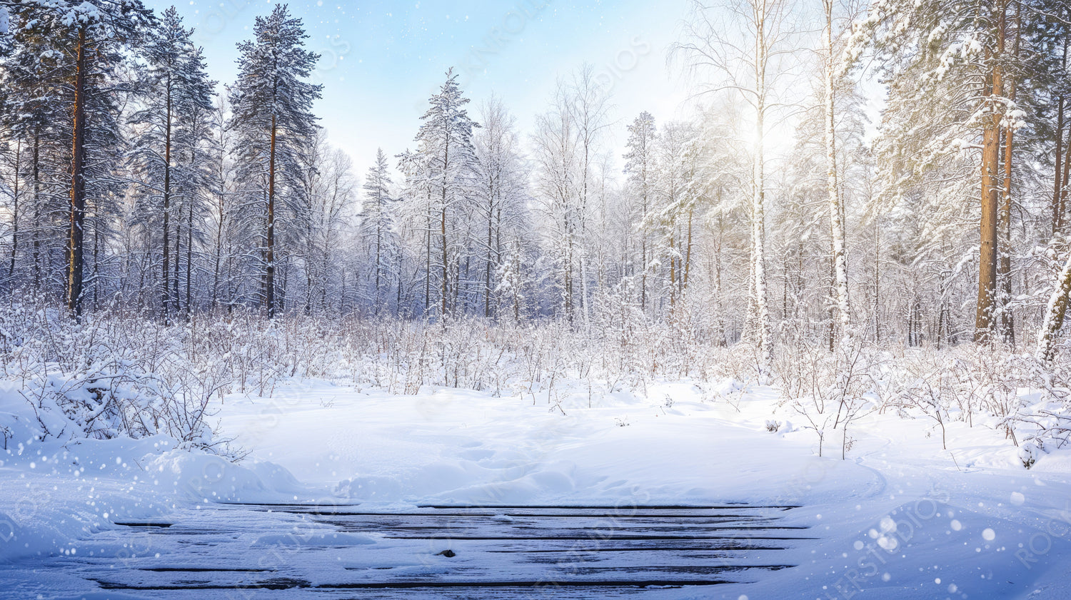 Sunrise Over Snowy Forest with Pine Cones on Wooden Deck, Capturing Winter’s Warmth