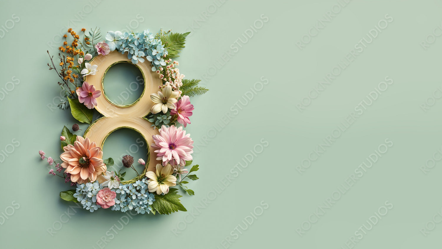 Green Floral Background to Celebrate International Woman's Day. Elegant Botanical Design with Number 8, Flowers and copy-space.