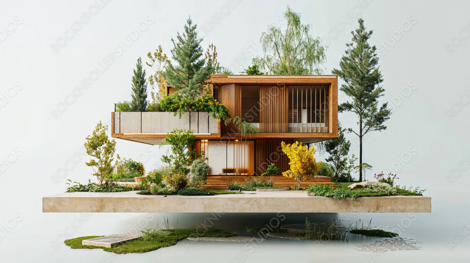 Modern Wooden Villa with Lush Greenery and Geometric Design