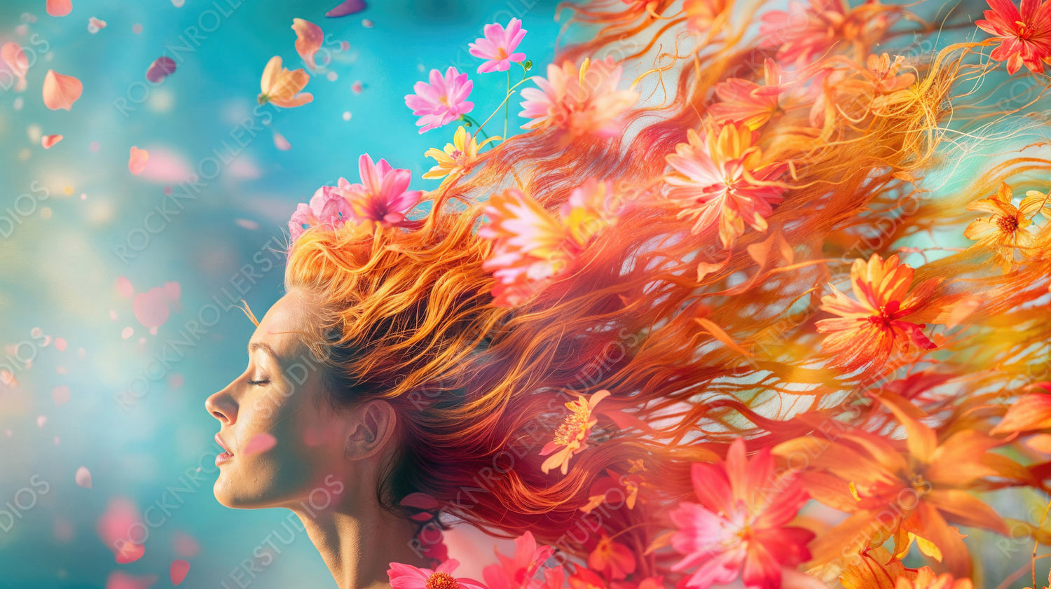 Whimsical Floral Hair with Flowing Petals and Vivid Colors