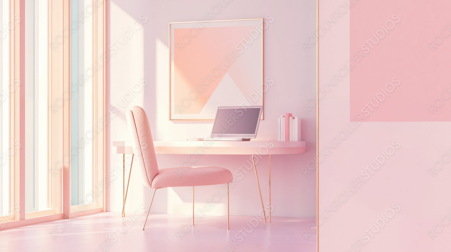 Chic Minimalist Home Office in Soft Pink Tones with Modern Desk and Stylish Decor