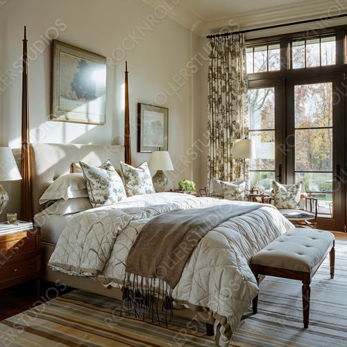 Elegant Serenity: Stylish Bedroom with Floral Accents & Cozy Window Nook