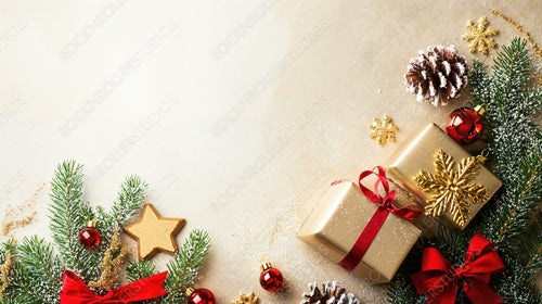 Holiday Cheer with Golden Presents, Ornaments, and Evergreen Branches on a Light Festive Background