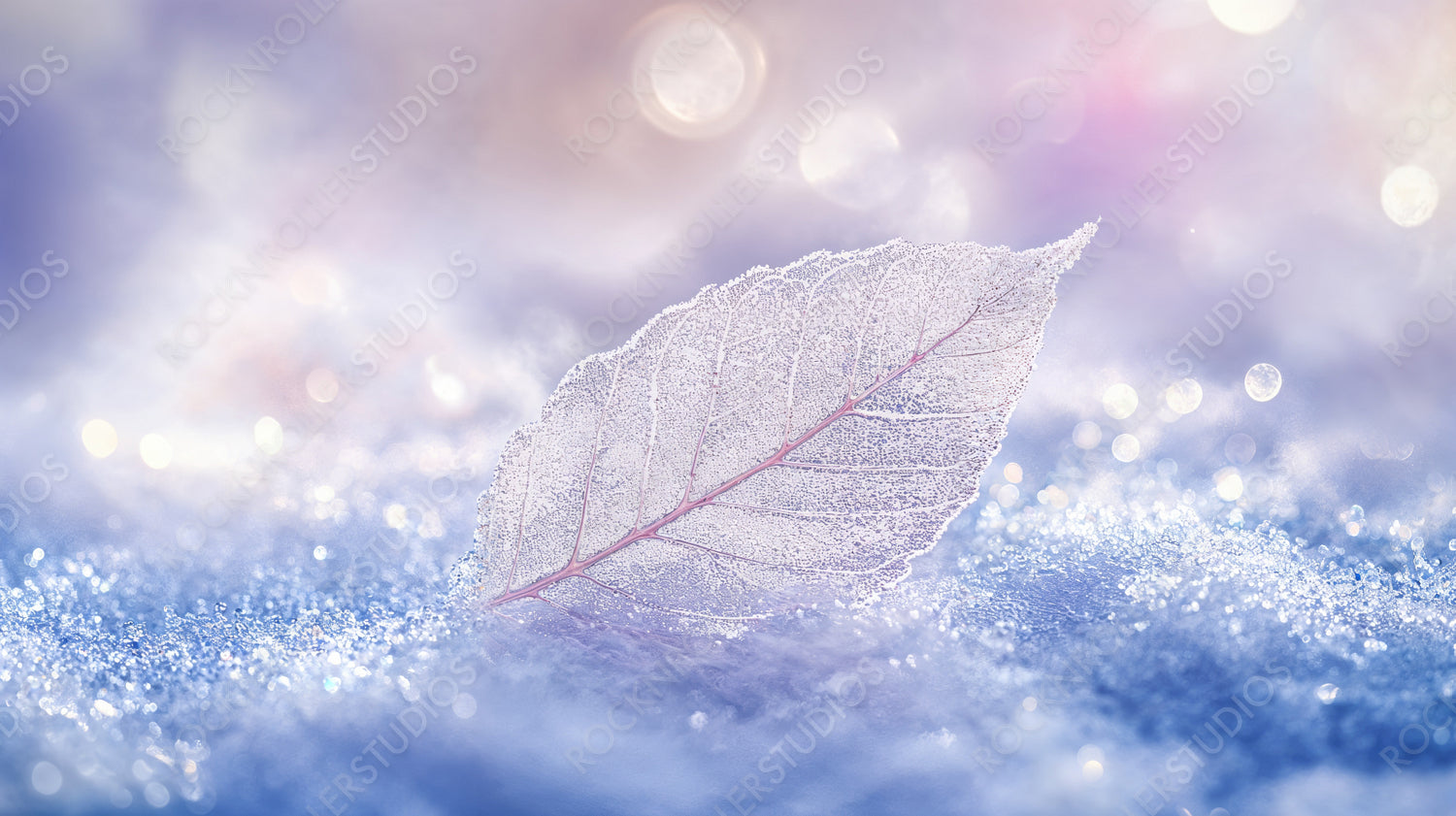 Frozen Frosty Leaf in Sparkling Snow with Winter Bokeh Lights in Background