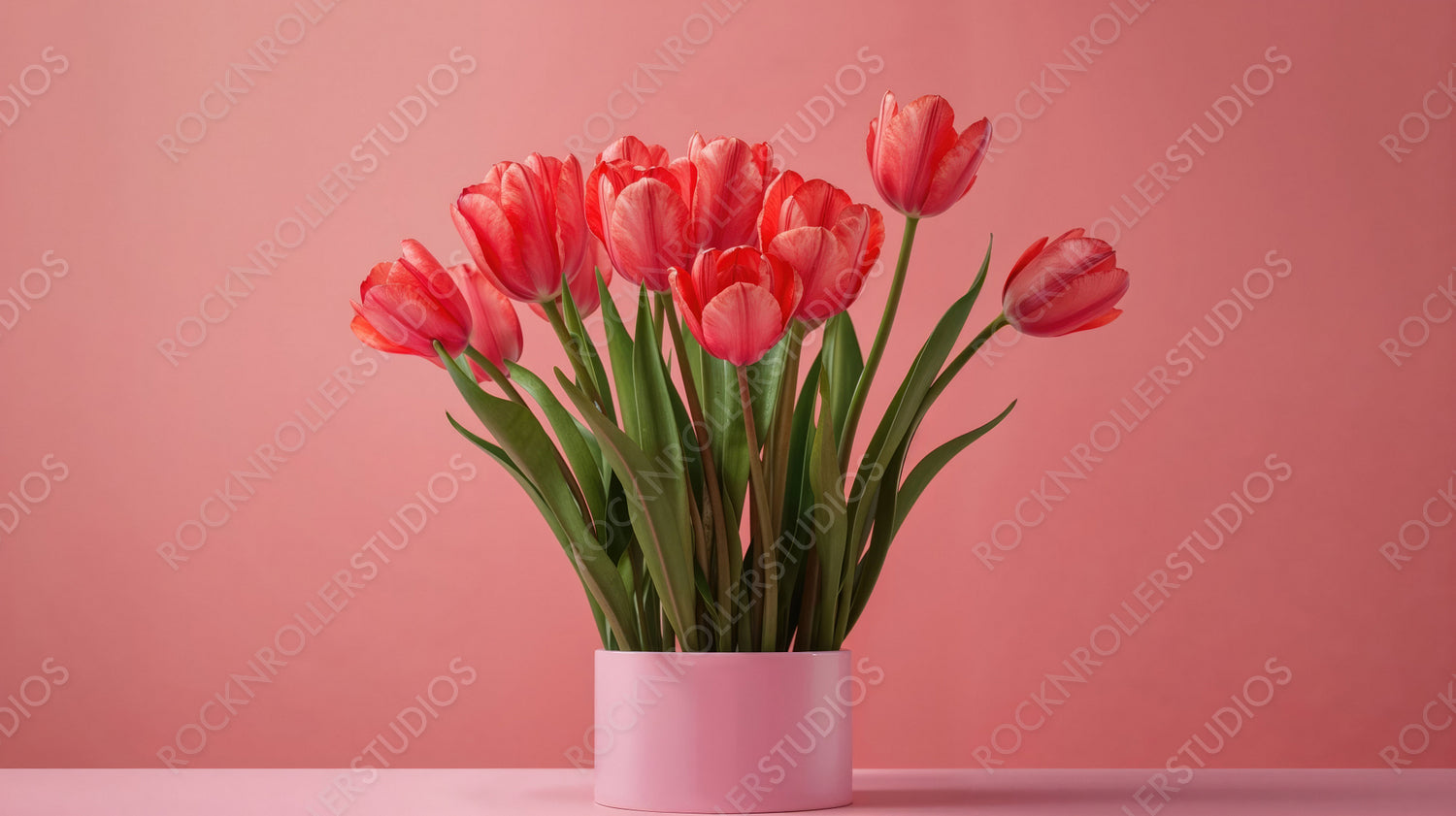 Vibrant Pink Tulips in Bloom Against a Pastel Pink Background