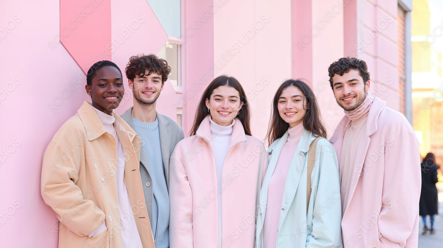 Stylish Friends in Pastel Winter Wear Against a Pink Wall - Youthful and Fashionable