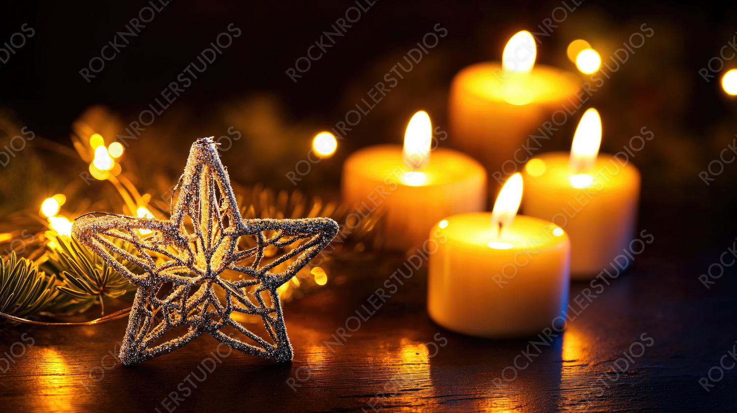 Cozy Christmas Candles with Pine Cones and Star Ornaments in a Warm Festive Atmosphere