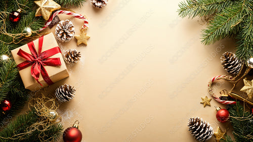 Festive Christmas Gift with Pine Cones, Ornaments, and Glittery Bow on Golden Background