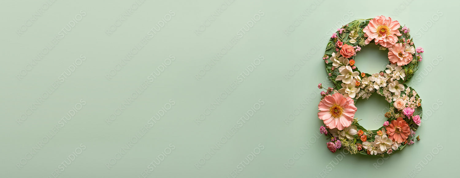 Beautiful Botanical Banner to Celebrate International Woman's Day. Green Floral Design with Number 8, Flowers and Caption.