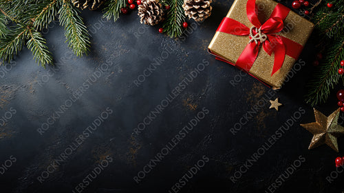 Elegant Christmas Gift Wrapped with Gold Ribbon and Pine Decorations on a Classic Dark Background