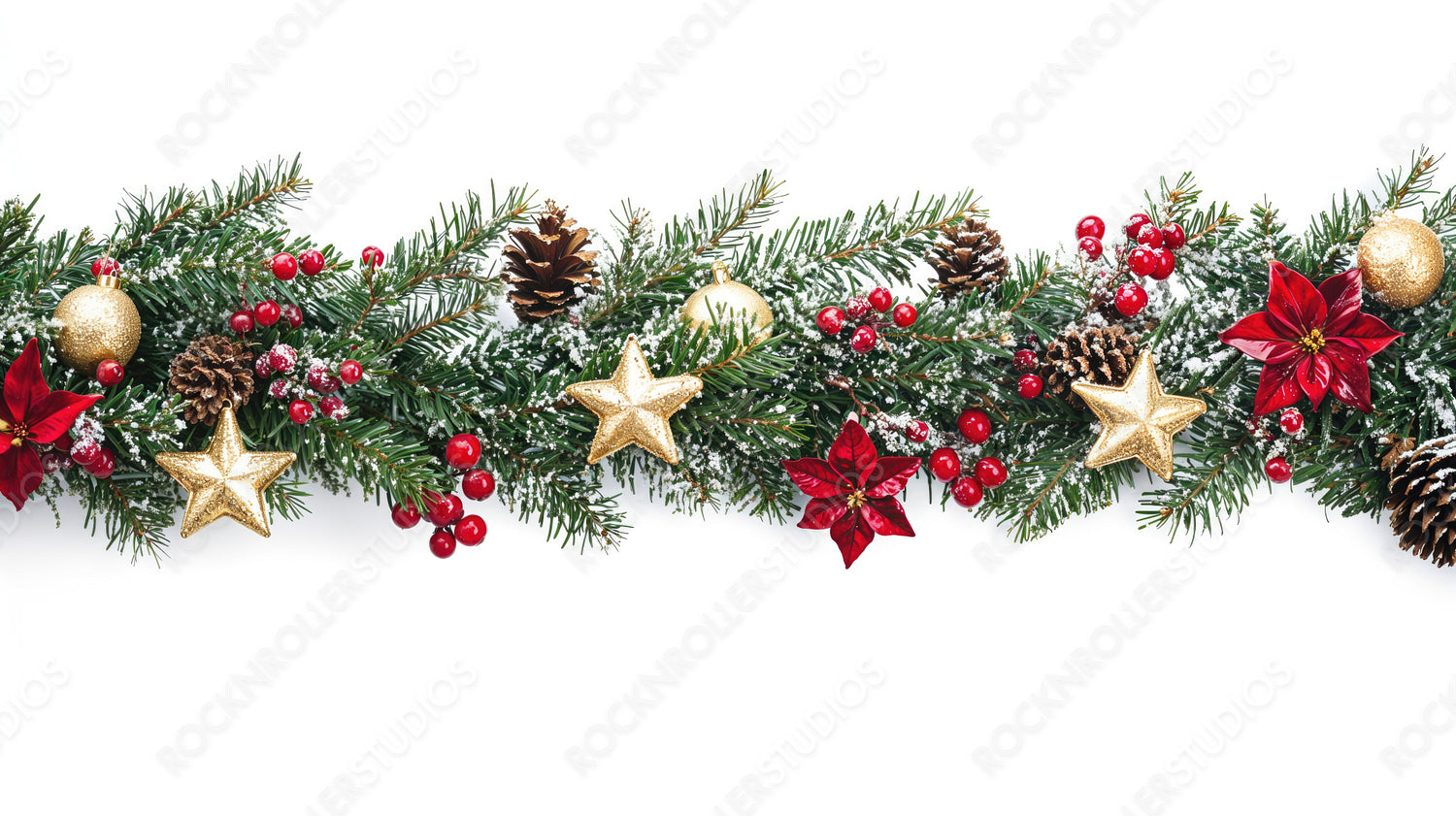 Christmas Garland with Pine Cones, Golden Stars, and Red Ornaments