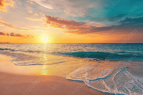 Tranquil Vacation Shoreline. Summer background with Idyllic Sunrise Beach.