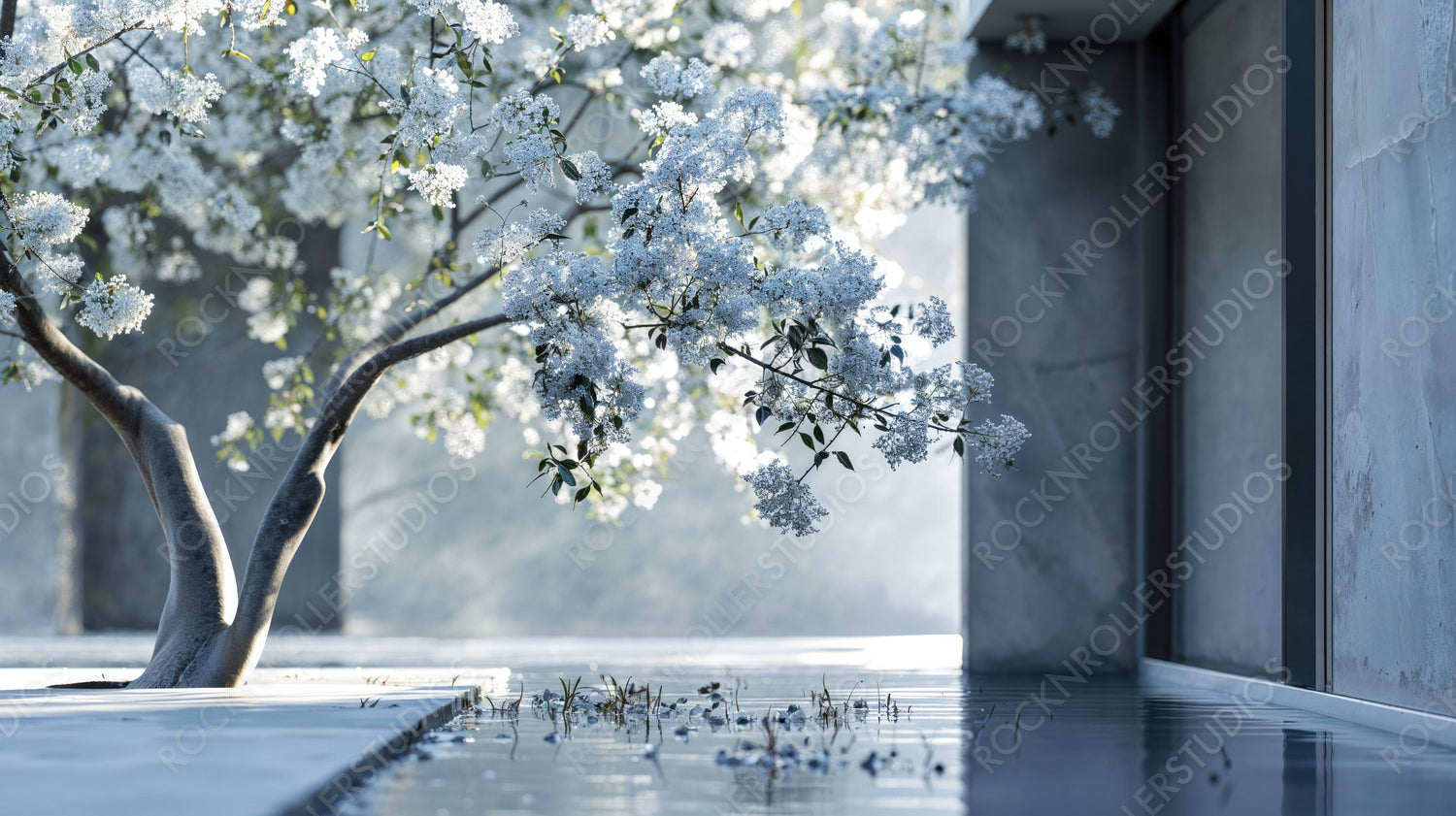 Beautiful blooming white flowers on a tree branch in a serene indoor setting