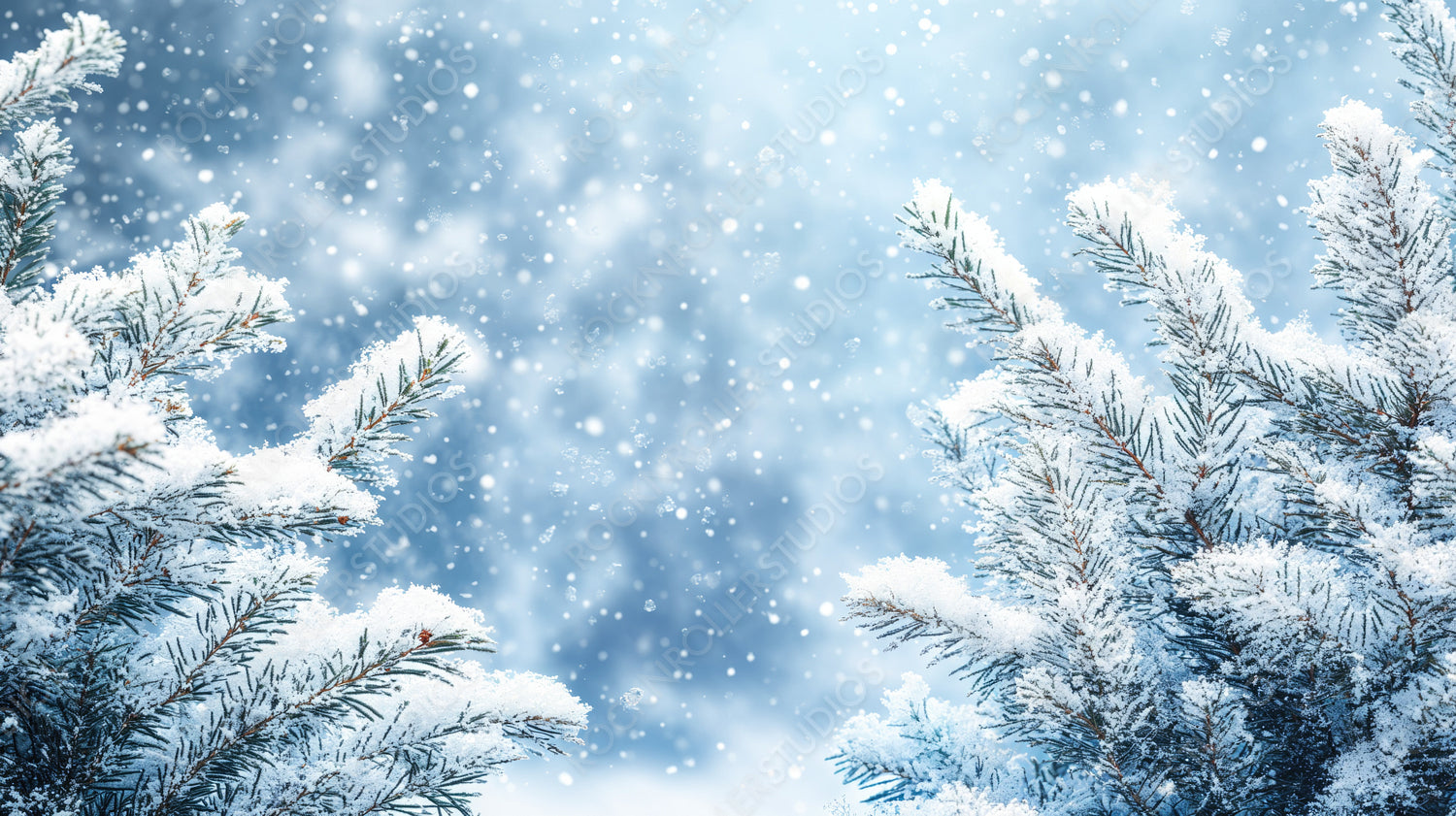 Snowy pine branches dusted in sparkling snowflakes with a dreamy wintery background