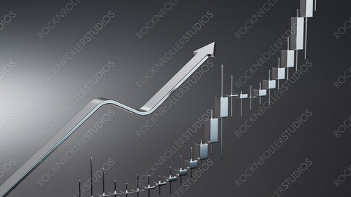 Sleek Metallic 3D Financial Chart Showing Upward Trend on Dark Gradient Background