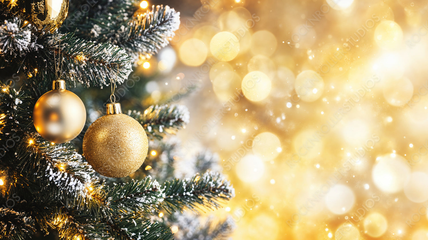 Golden Christmas Ornaments Hanging on Snow-Dusted Tree with Glowing Bokeh Lights