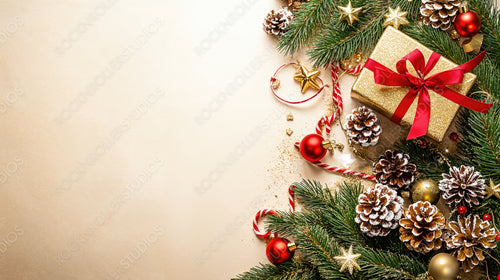 Festive Christmas Gift with Pine Cones, Ornaments, and Glittery Bow on Golden Background